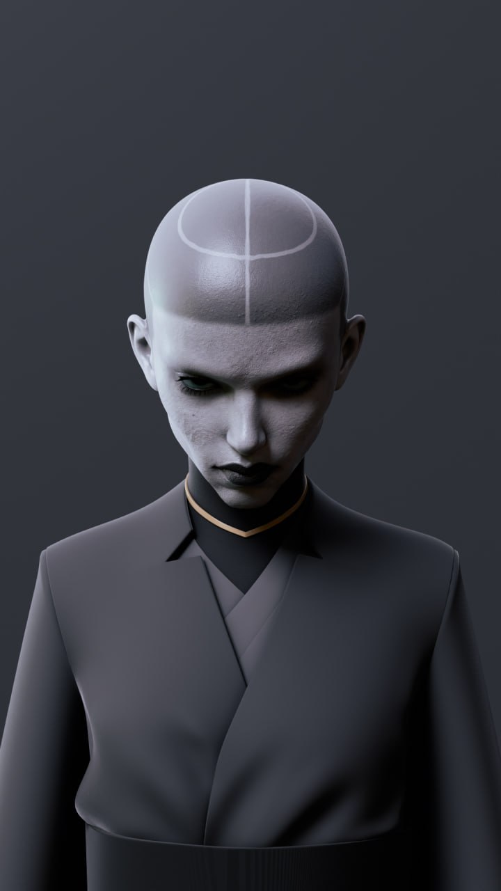 Alternate lighting study of the character, looking down, in grey tones with a gold necklace