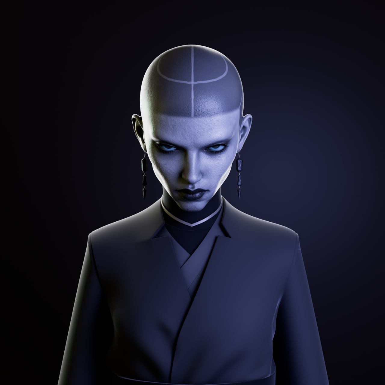 Full body render of the character in a dark blue robe against a black background