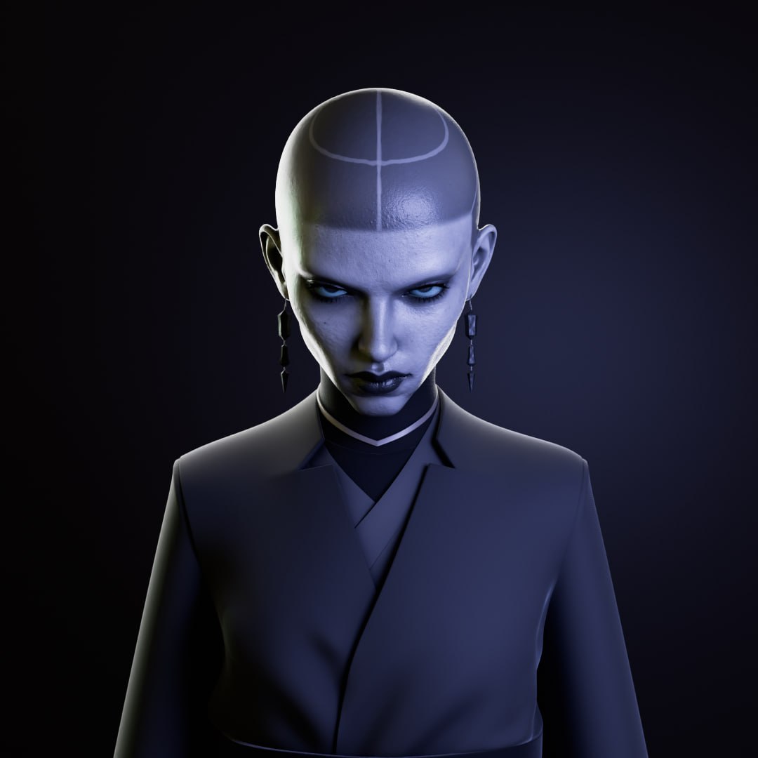 Full body render of the character in a dark blue robe, alternate angle