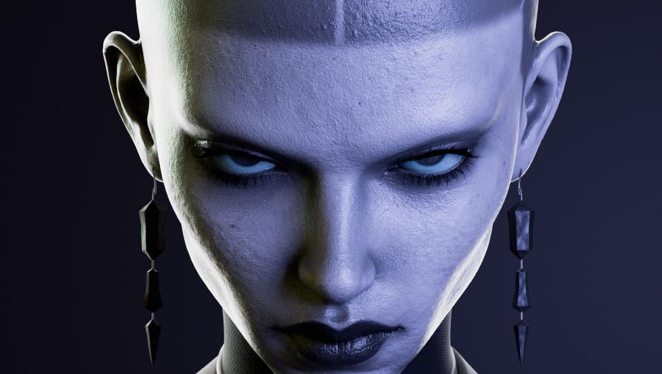 Close-up render of a stylised blue-toned bald character with dark eyes and drop earrings