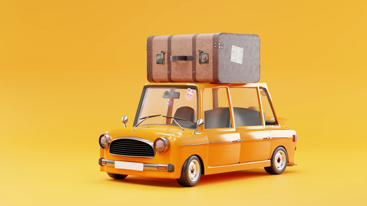 Studio render of an orange cartoon travel car with a suitcase on the roof, from the Carril Car Travel Short
