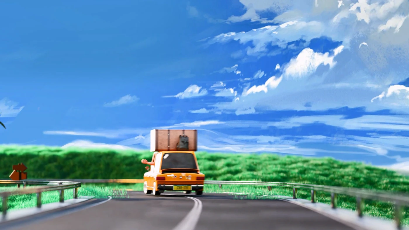 Final render of the car driving away down the road with an arm waving out the window