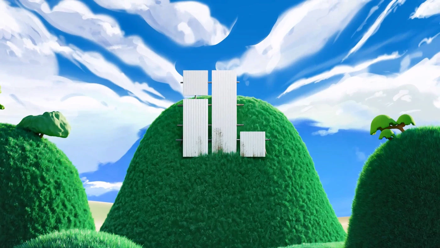 Styleframe of rolling green hills with a signpost, under a painted sky