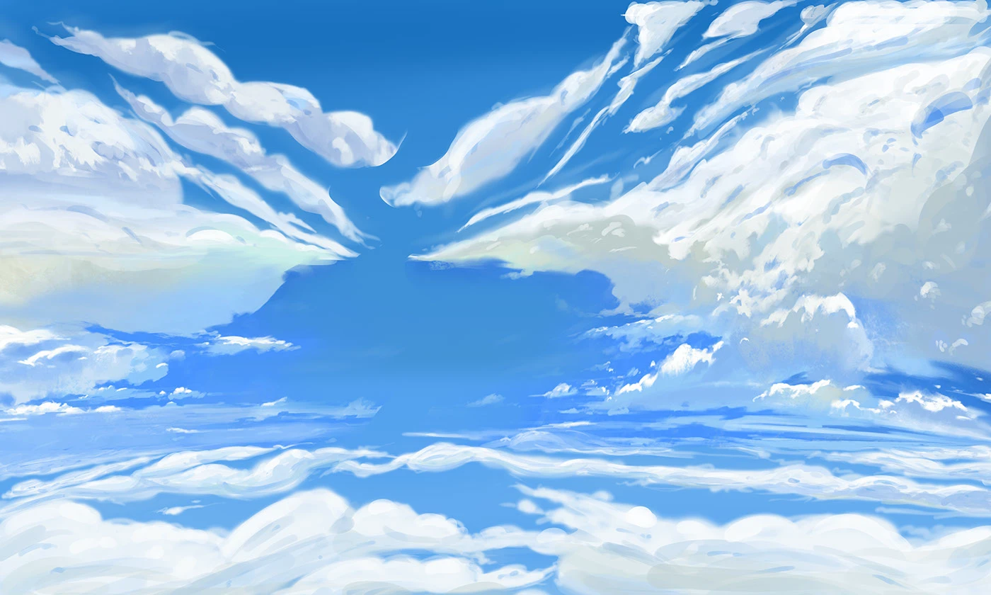 Painted concept art of a bright blue sky with sweeping clouds