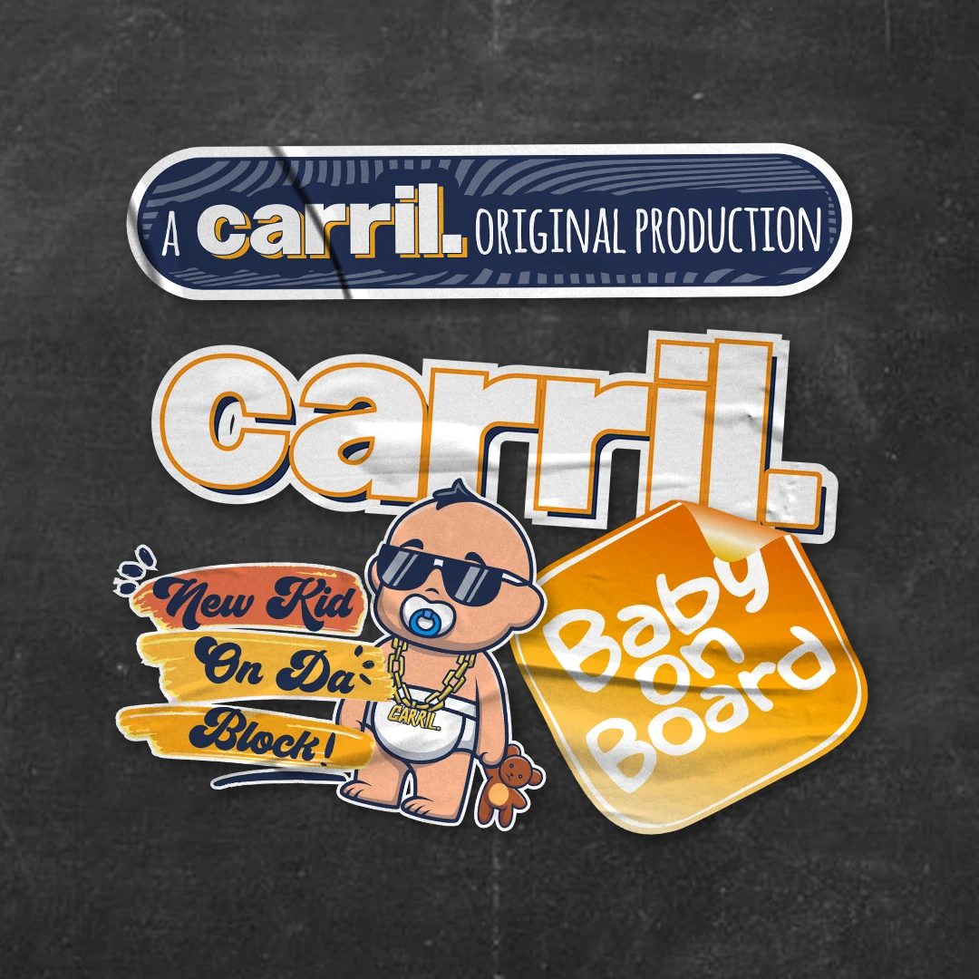 Brand sticker sheet: A Carril Original Production, Carril logo, and Baby on Board