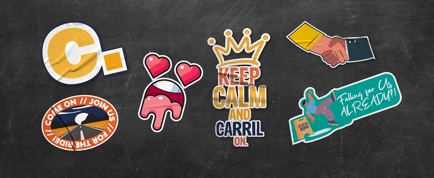 Brand sticker sheet: Keep Calm and Carril On, handshake, and Falling For Us Already