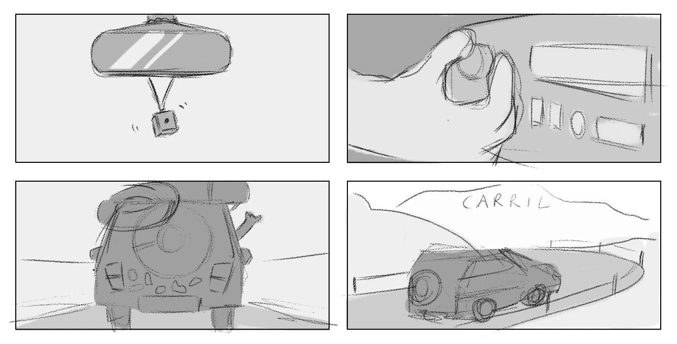 Four-panel storyboard sketches for the short