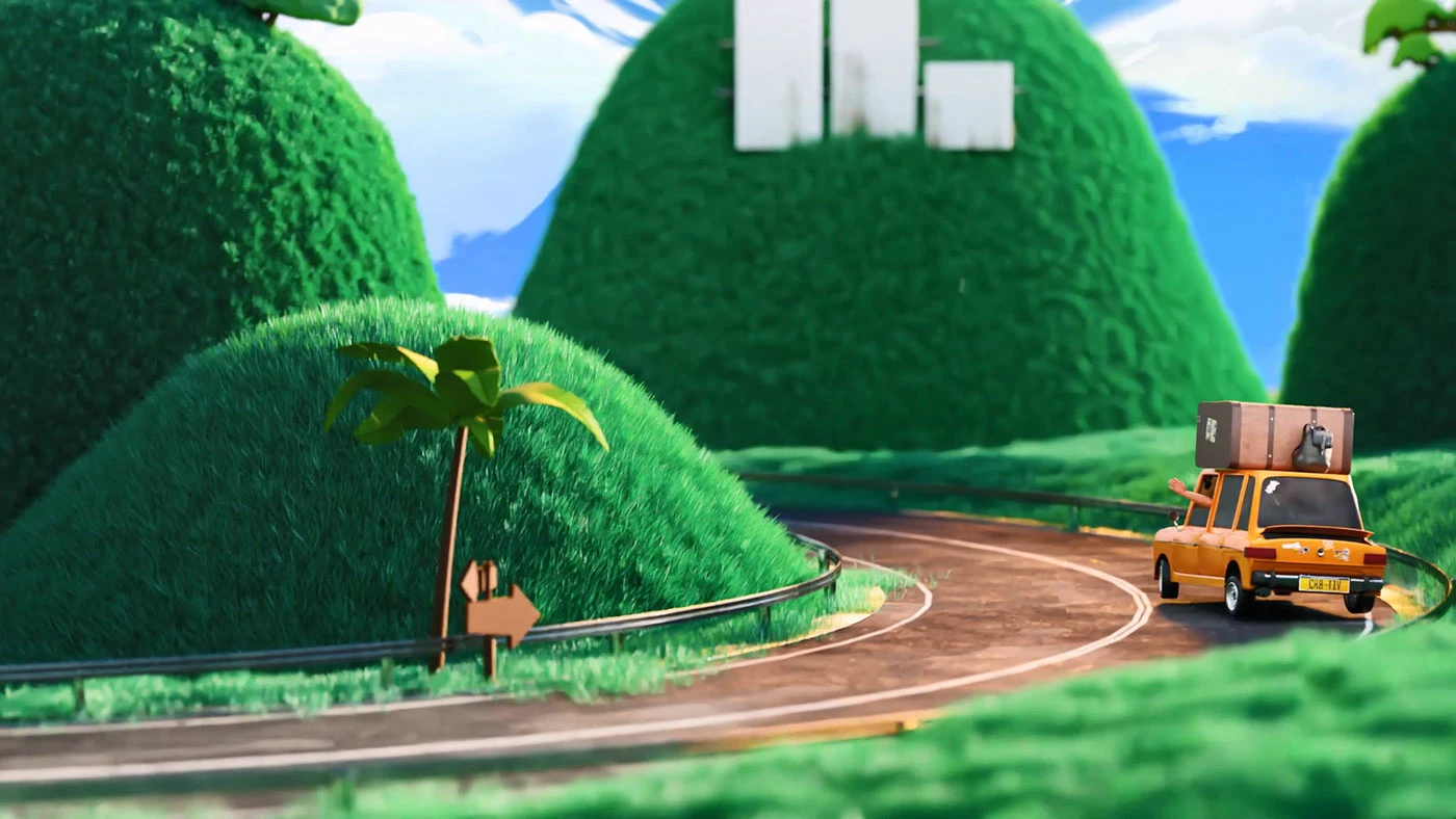 Wide establishing shot of the car driving along a winding road between green hills