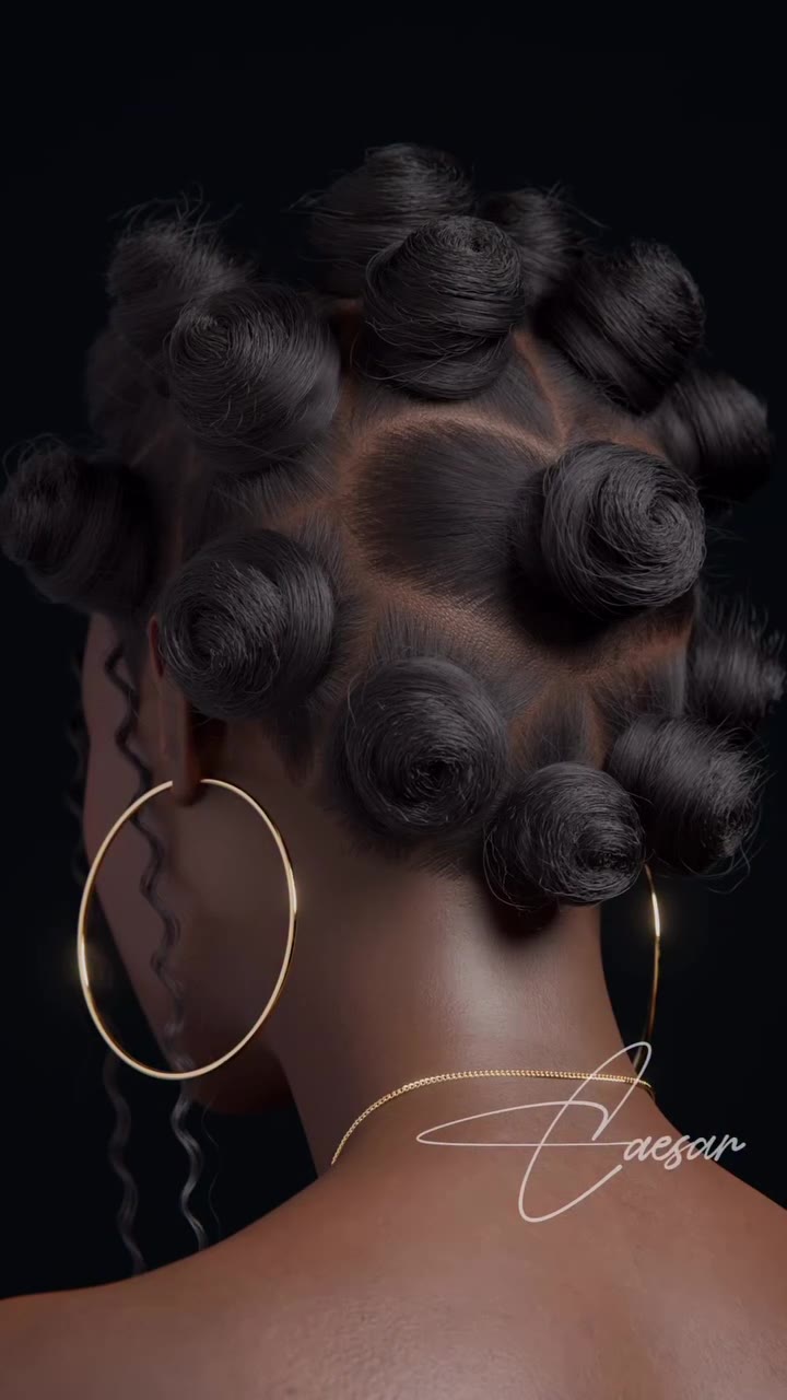 Back view render of Lara showing the full bantu knot hairstyle
