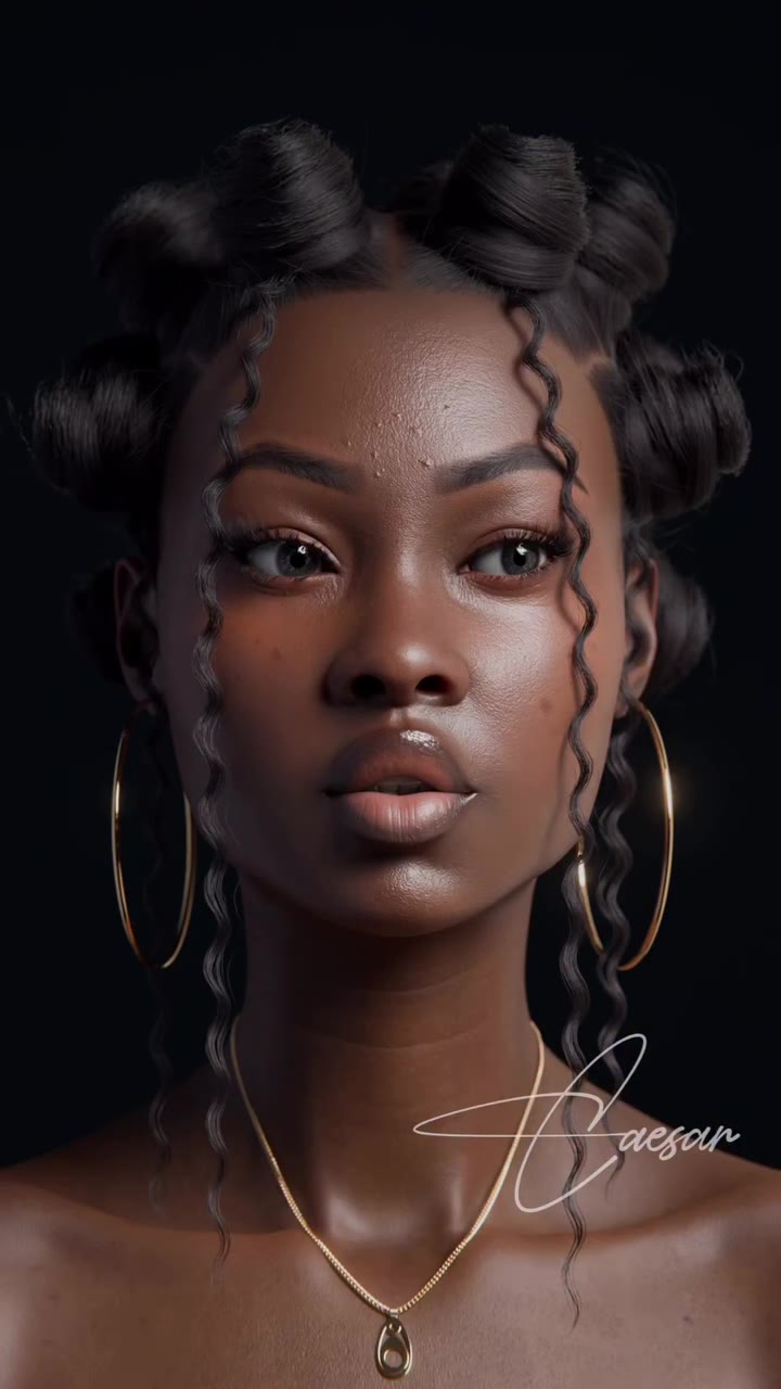 Front-facing render of Lara, a 3D character with bantu knot hairstyle and gold hoop earrings