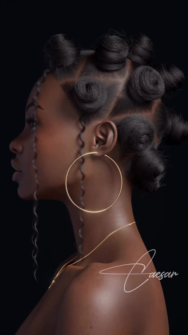 Side profile render of Lara showing the bantu knot hairstyle detail
