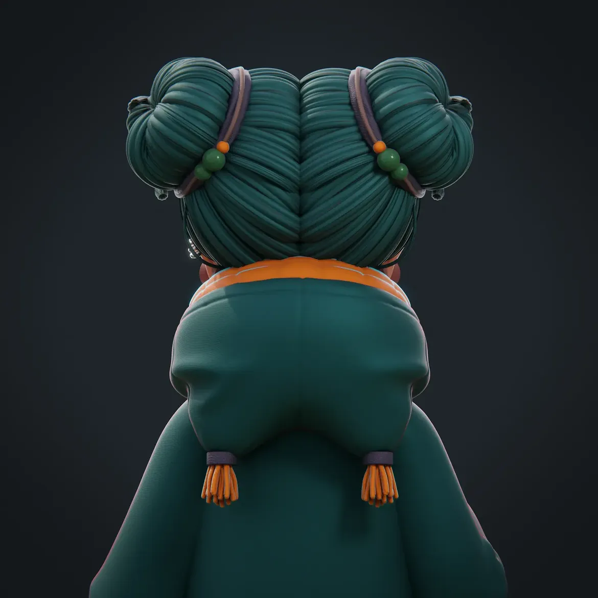 Back view render of Sippy Cup Girl showing her double-bun hairstyle