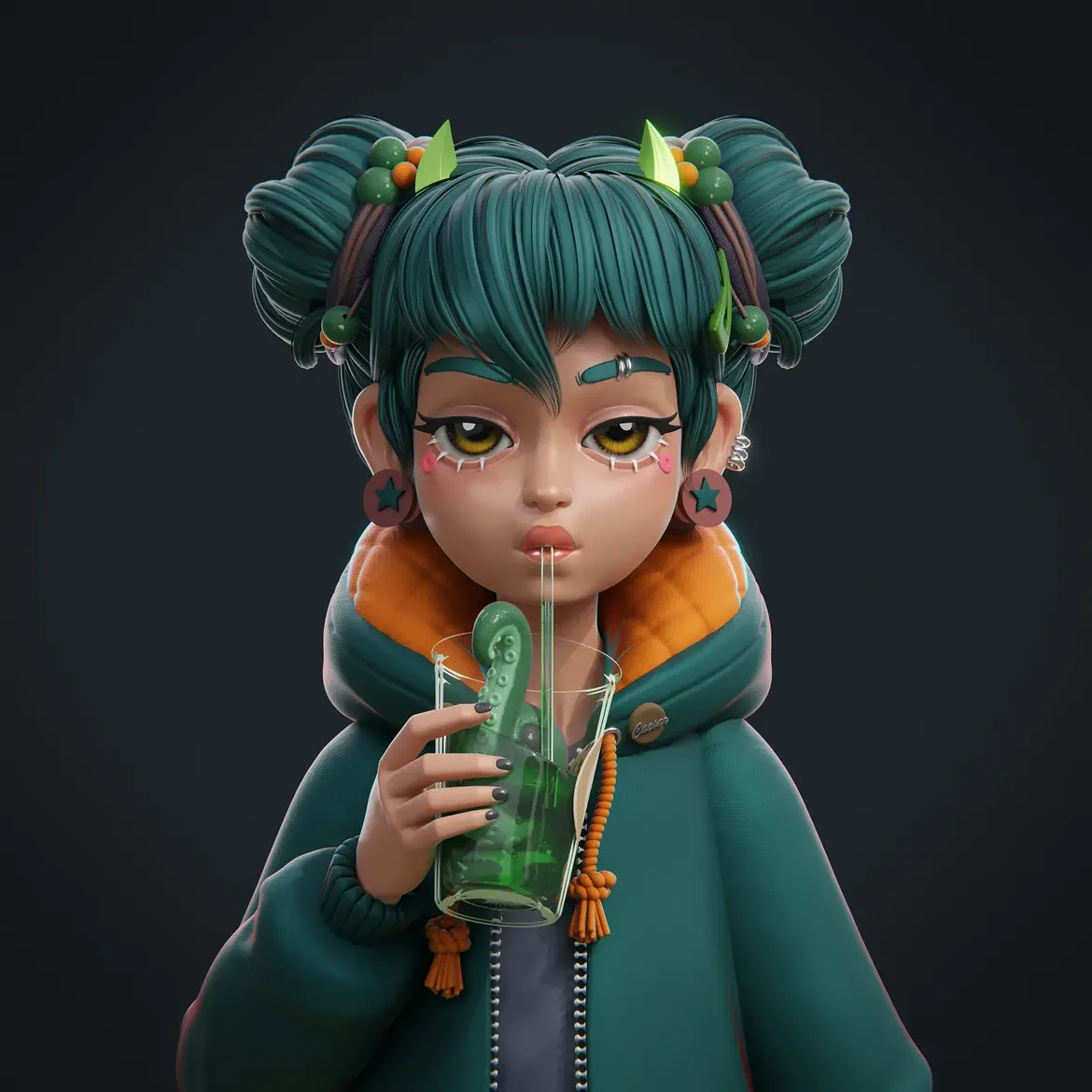 Front close-up render of Sippy Cup Girl, a stylised character with teal double-bun hair sipping from a green cup