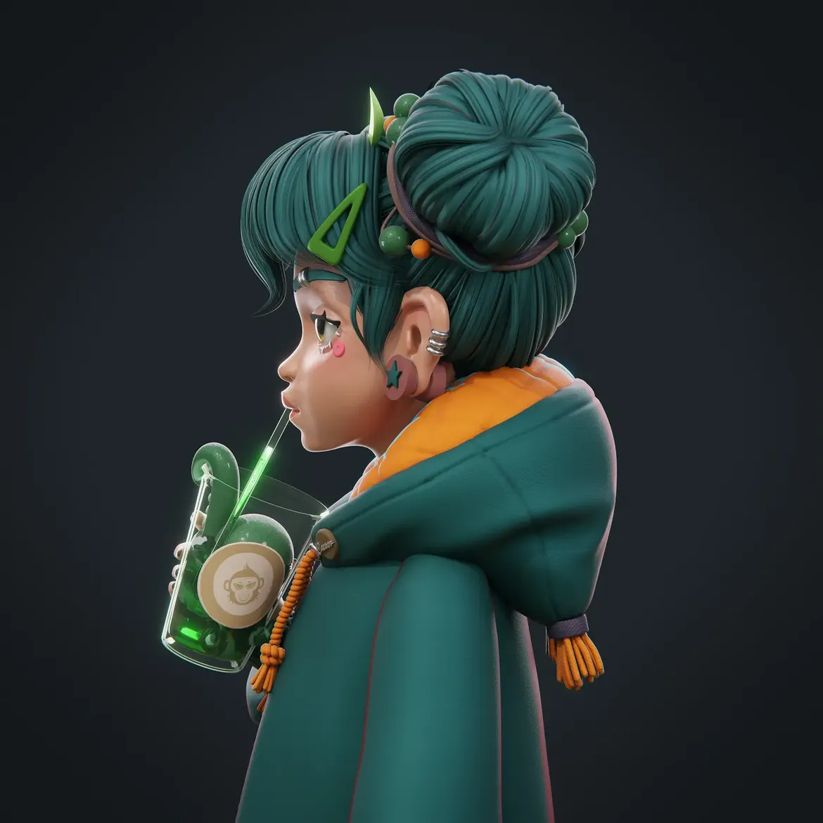 Side profile render of Sippy Cup Girl sipping from her cup