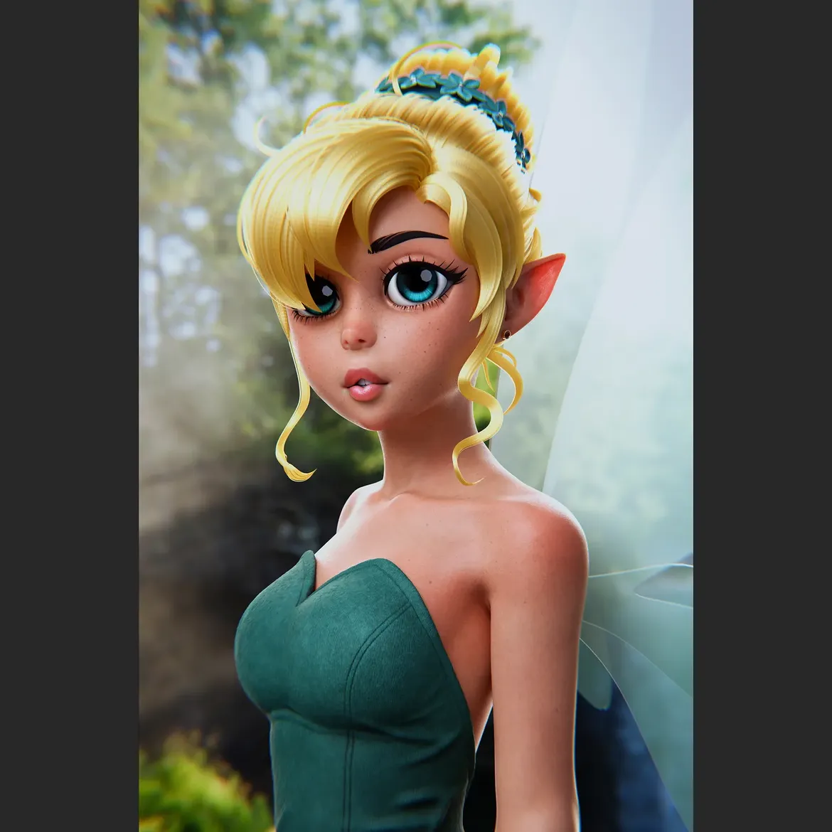 Final render of a stylised Tinkerbell-inspired 3D character with blonde hair and a green dress