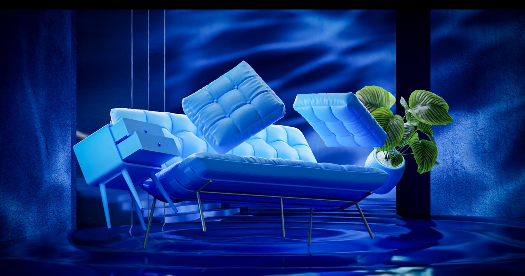 Blue-toned lounge chair render with a plant, reflected in water