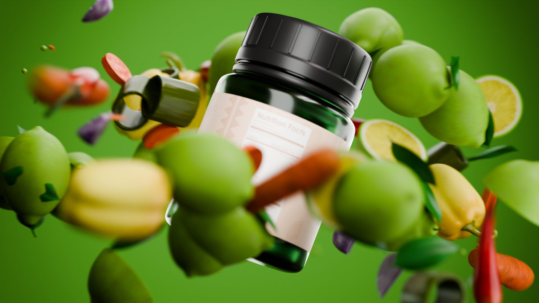 Supplement bottle render surrounded by flying fruit and vegetables