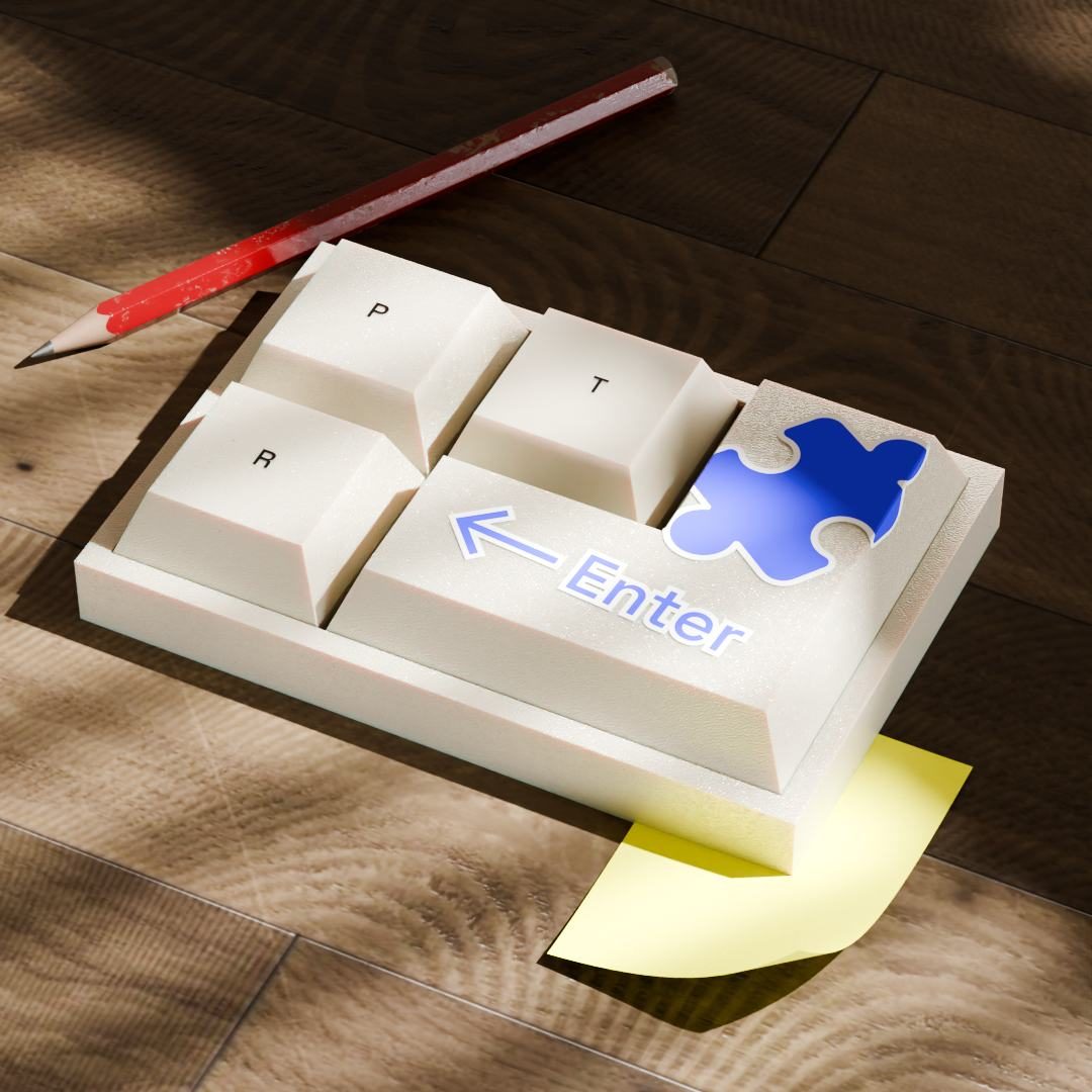 3D rendered oversized keyboard keys with a pencil